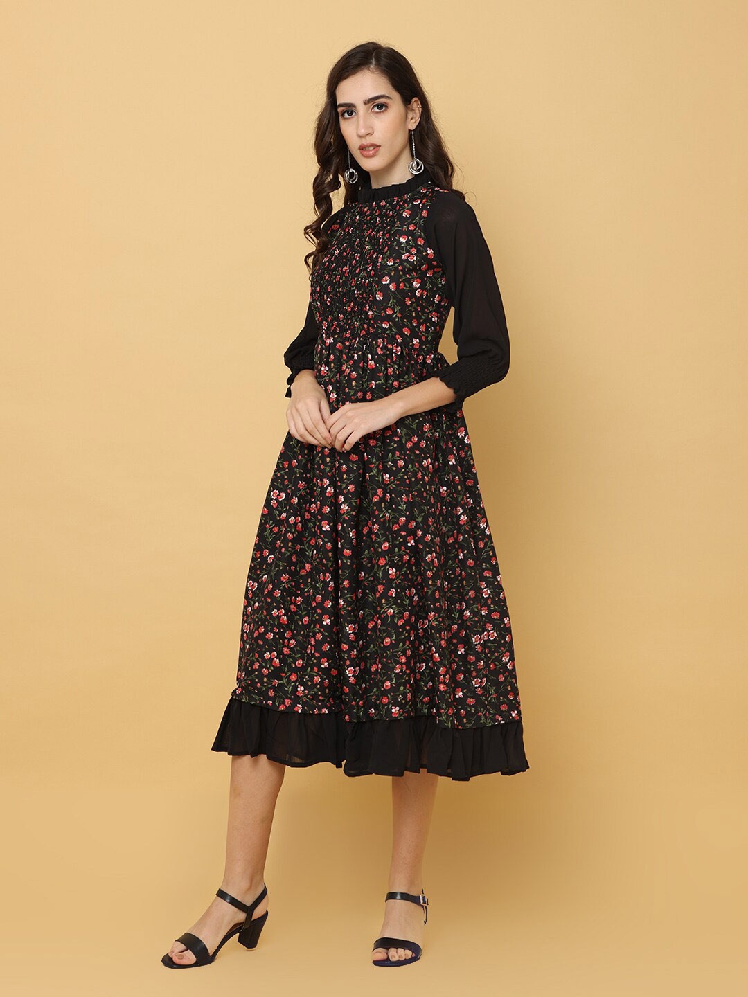 

NAYRA Women Black Floral Georgette A-Line Midi Dress