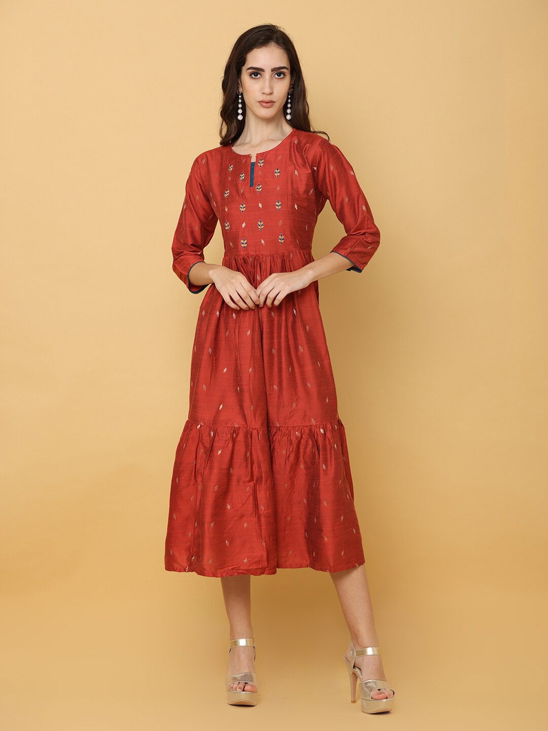 

NAYRA Women Rust Jacquard A-Line Midi Dress