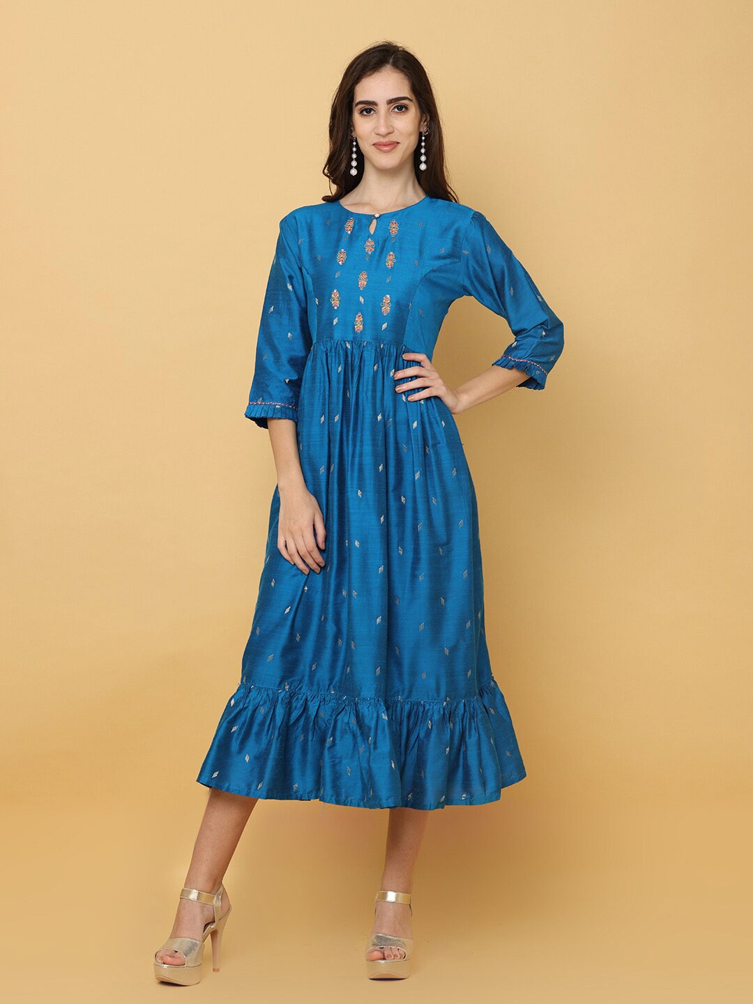 

NAYRA Women Teal Floral Jacquard A-Line Midi Dress