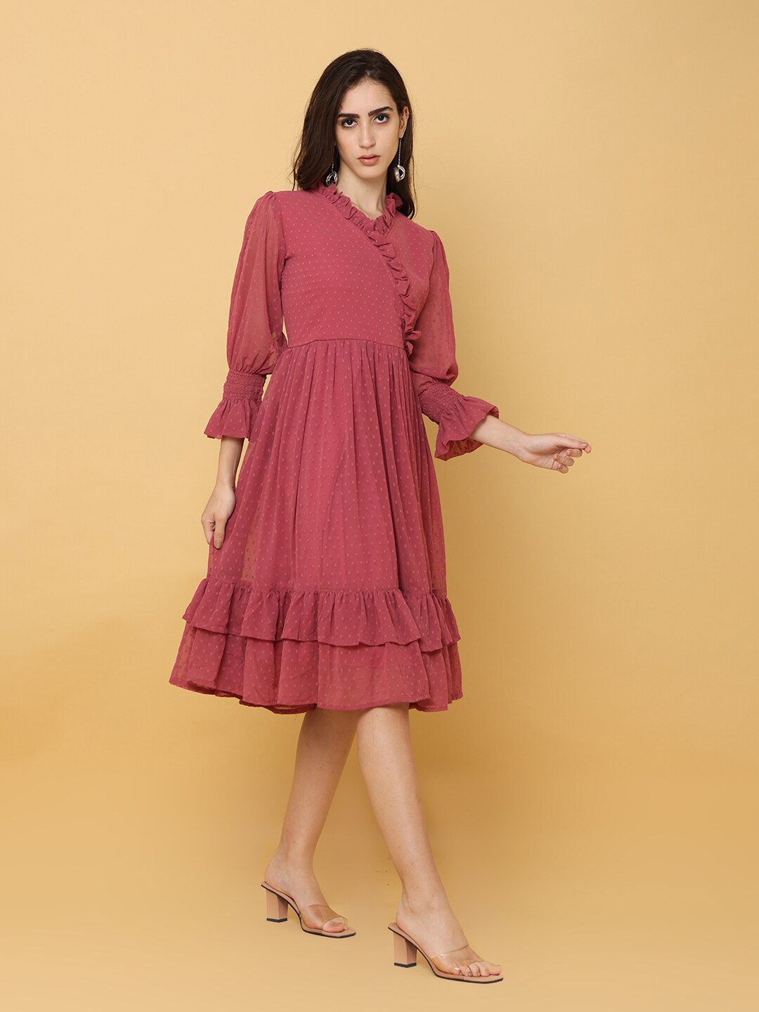 

NAYRA Women Pink Dobby Self Design Midi Dress with Ruffles