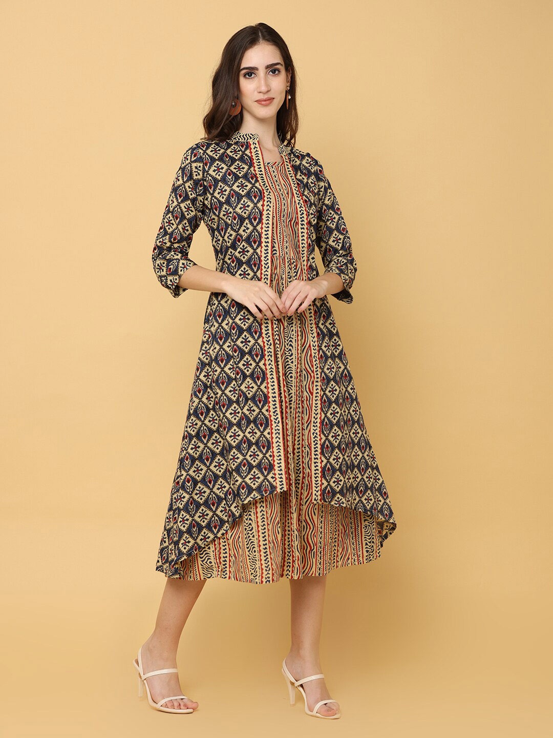 

NAYRA Women A-Line sleeveless Dress With Printed A-line shrug, Navy blue