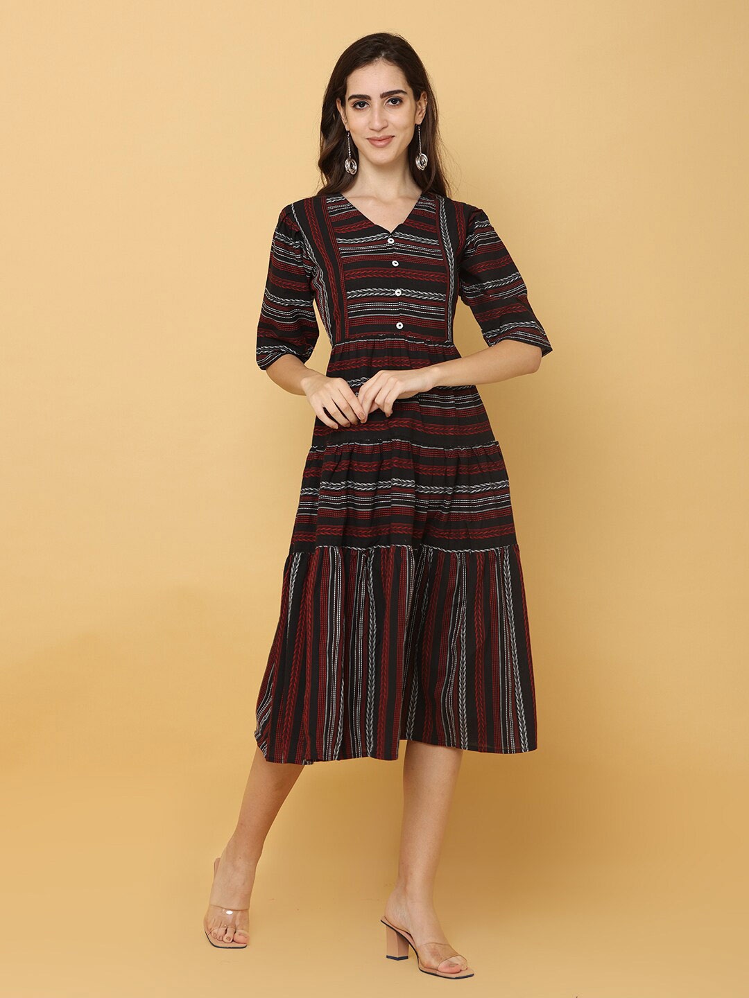 

NAYRA Women Black Striped Cotton A-Line Midi Dress