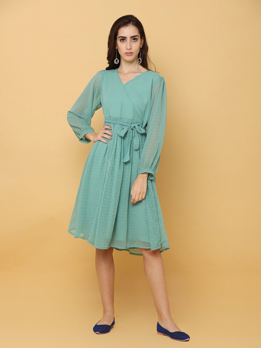 

NAYRA Women Sea Green Self Design Dobby Weave Dress with Belt