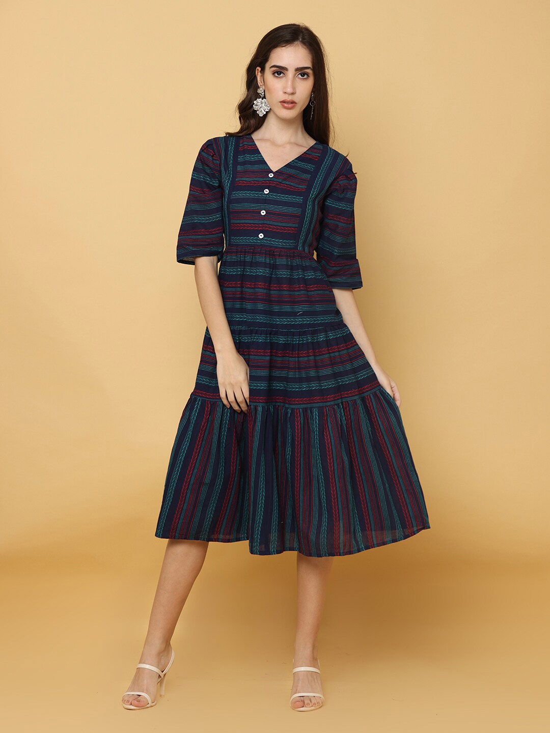 

NAYRA Women Navy Blue Striped Cotton A-Line Midi Dress