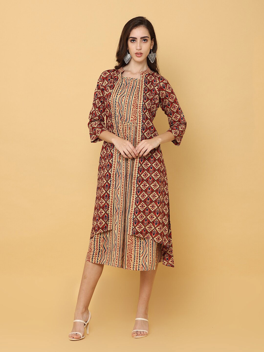 

NAYRA Maroon Ethnic Cotton A-Line Midi Dress