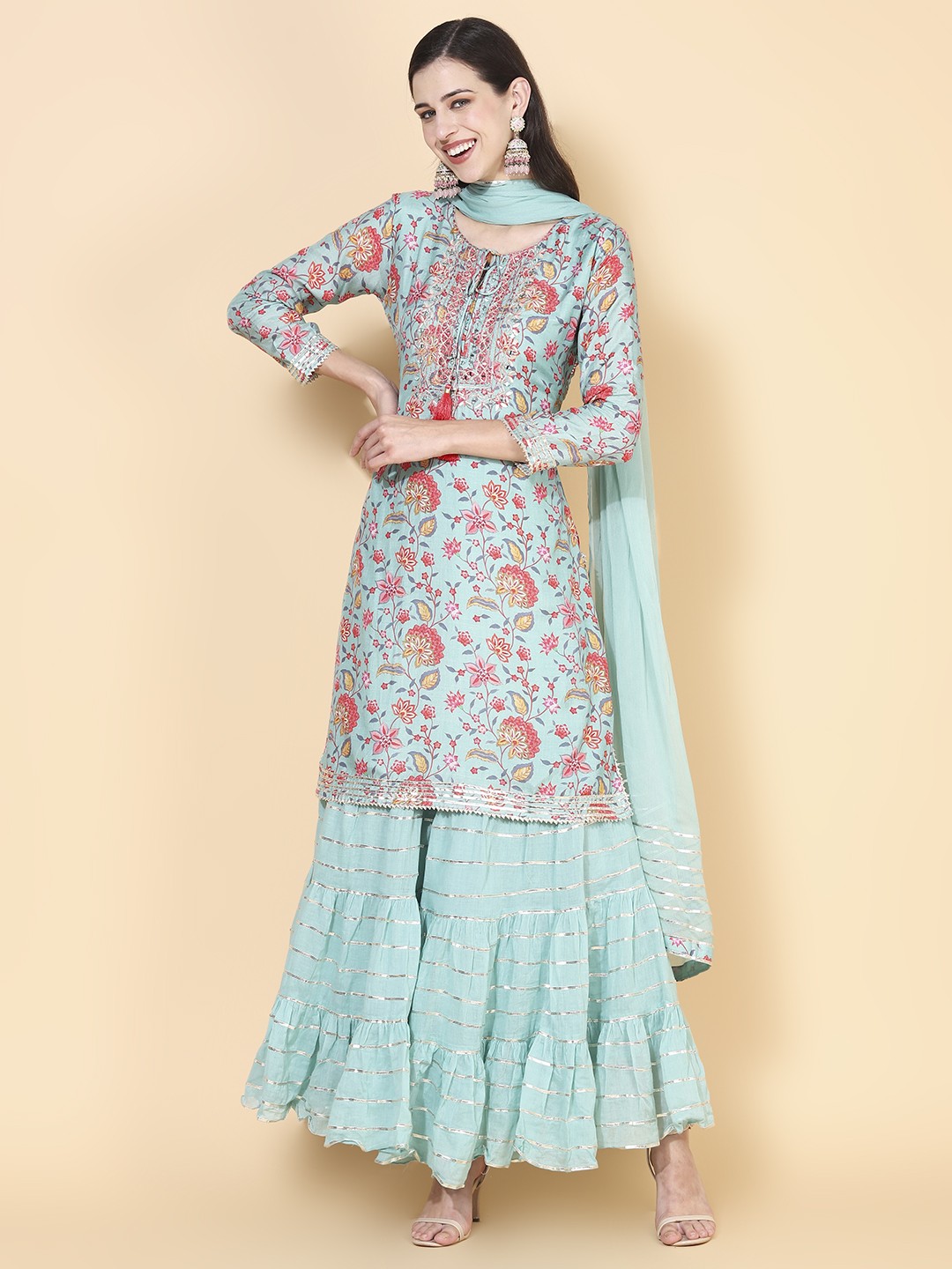 

Envy Me by FASHOR Women Sea Green Floral Printed Gotta Patti Kurta with Sharara & With Dupatta