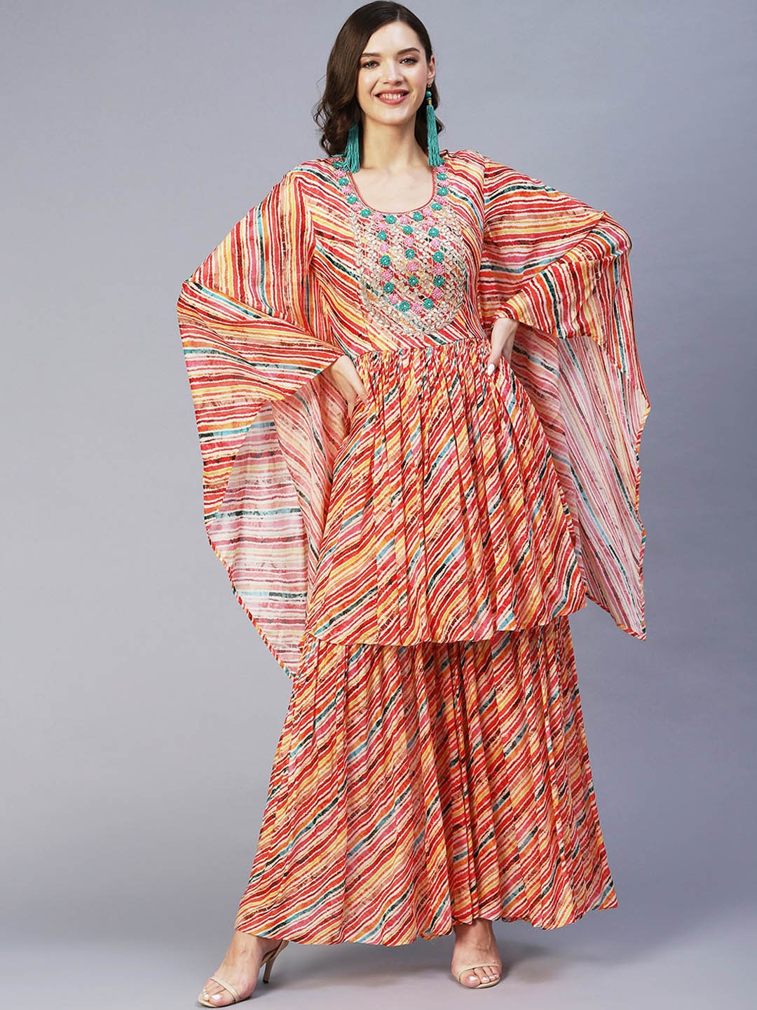 

Envy Me by FASHOR Women Orange Leheriya Printed Silk Crepe Kurta with Sharara