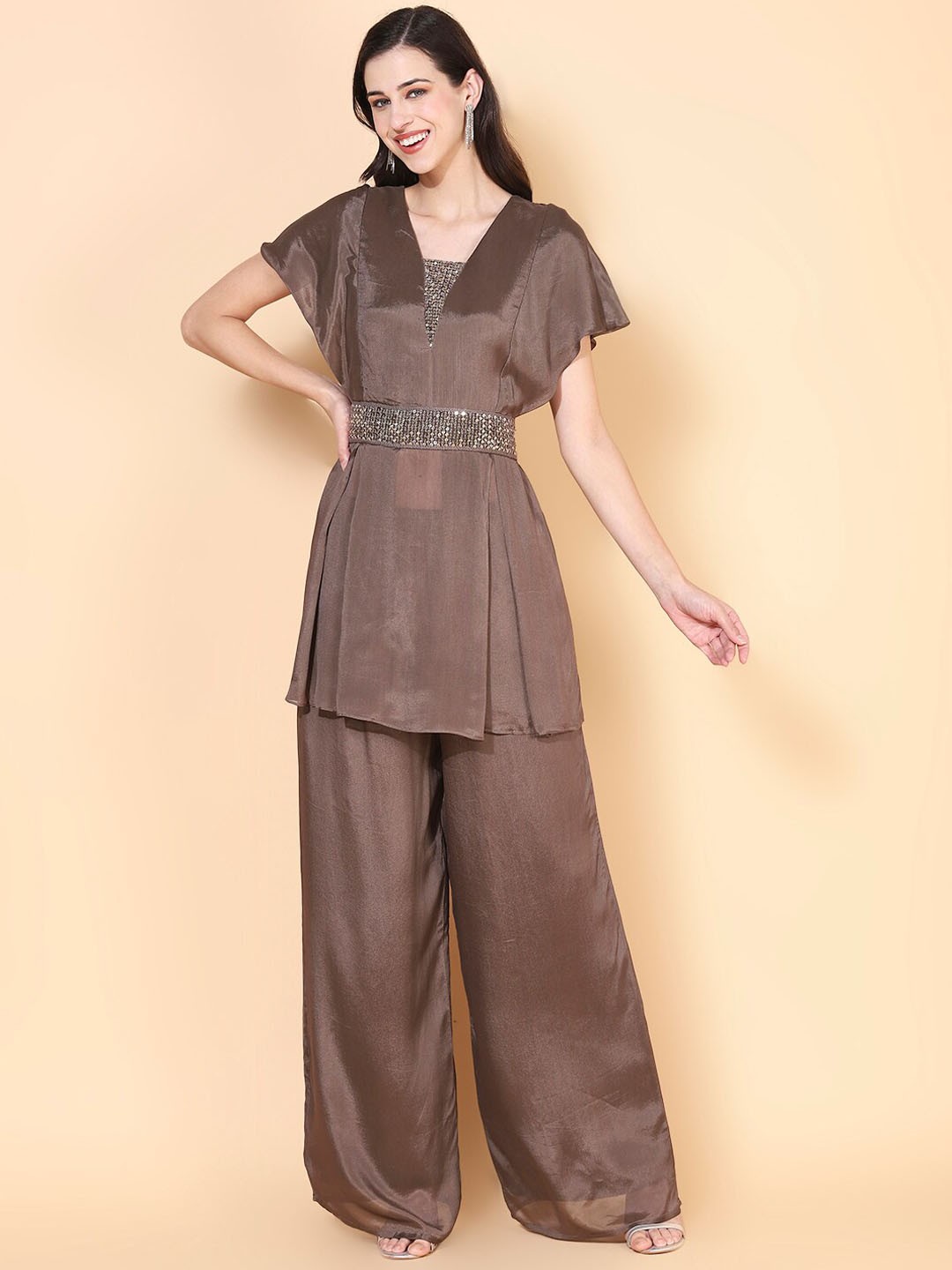 

Envy Me by FASHOR Women Grey Sequin Embroidered Top & Palazzo Co-Ords