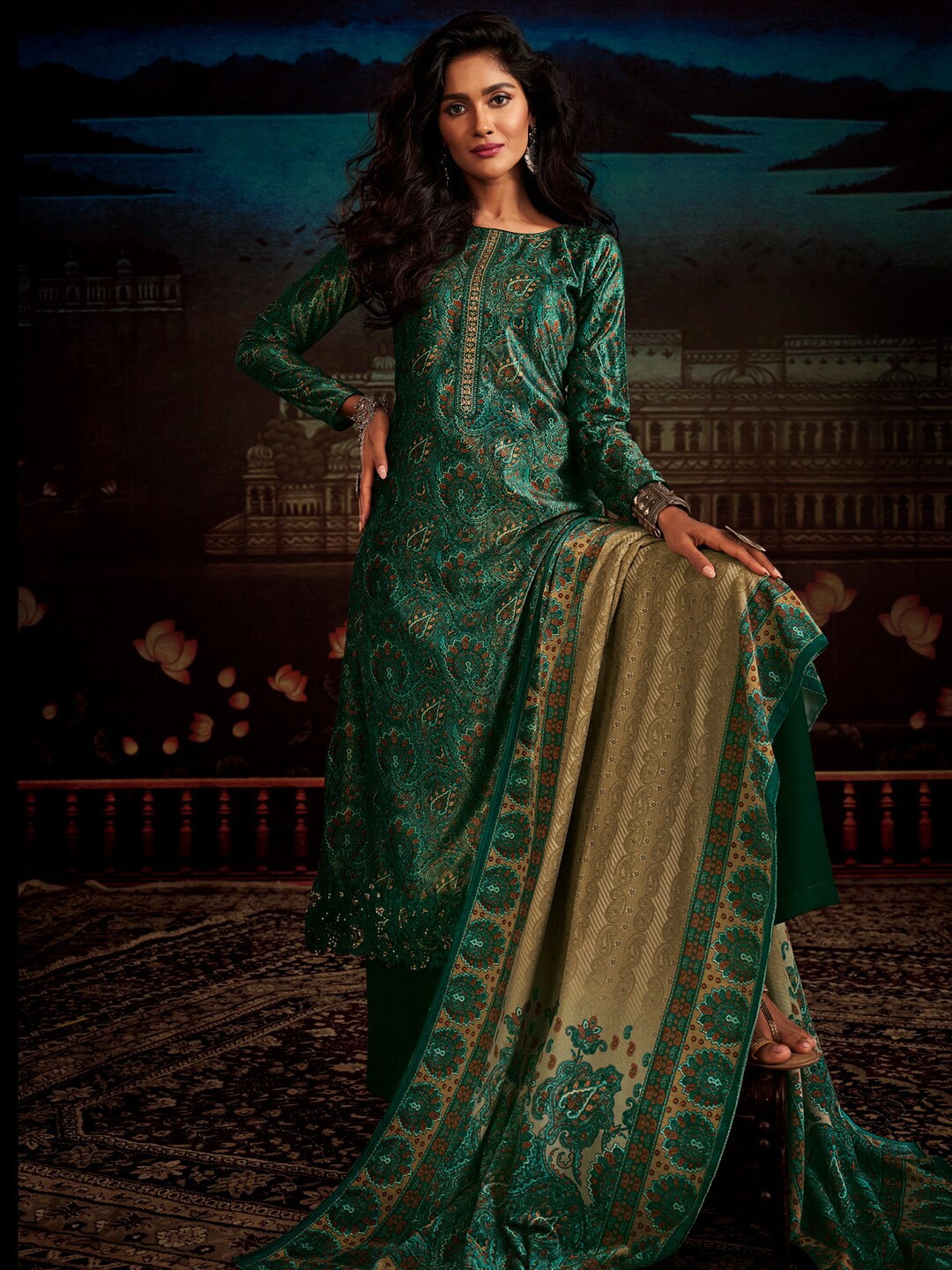 

Stylee LIFESTYLE Green & Beige Printed Velvet Unstitched Dress Material