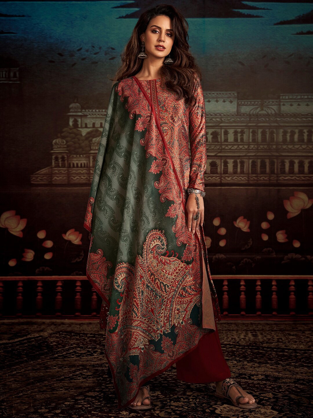 

Stylee LIFESTYLE Red & Green Printed Velvet Unstitched Dress Material