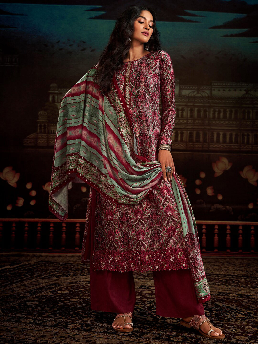 

Stylee LIFESTYLE Magenta & Green Printed Velvet Unstitched Dress Material
