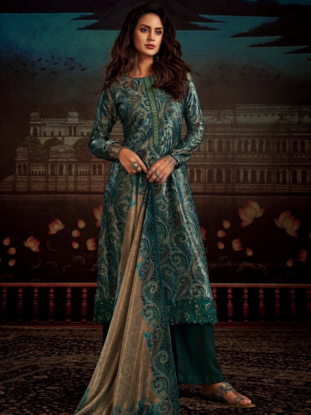 

Stylee LIFESTYLE Teal Green & Beige Printed Velvet Unstitched Dress Material