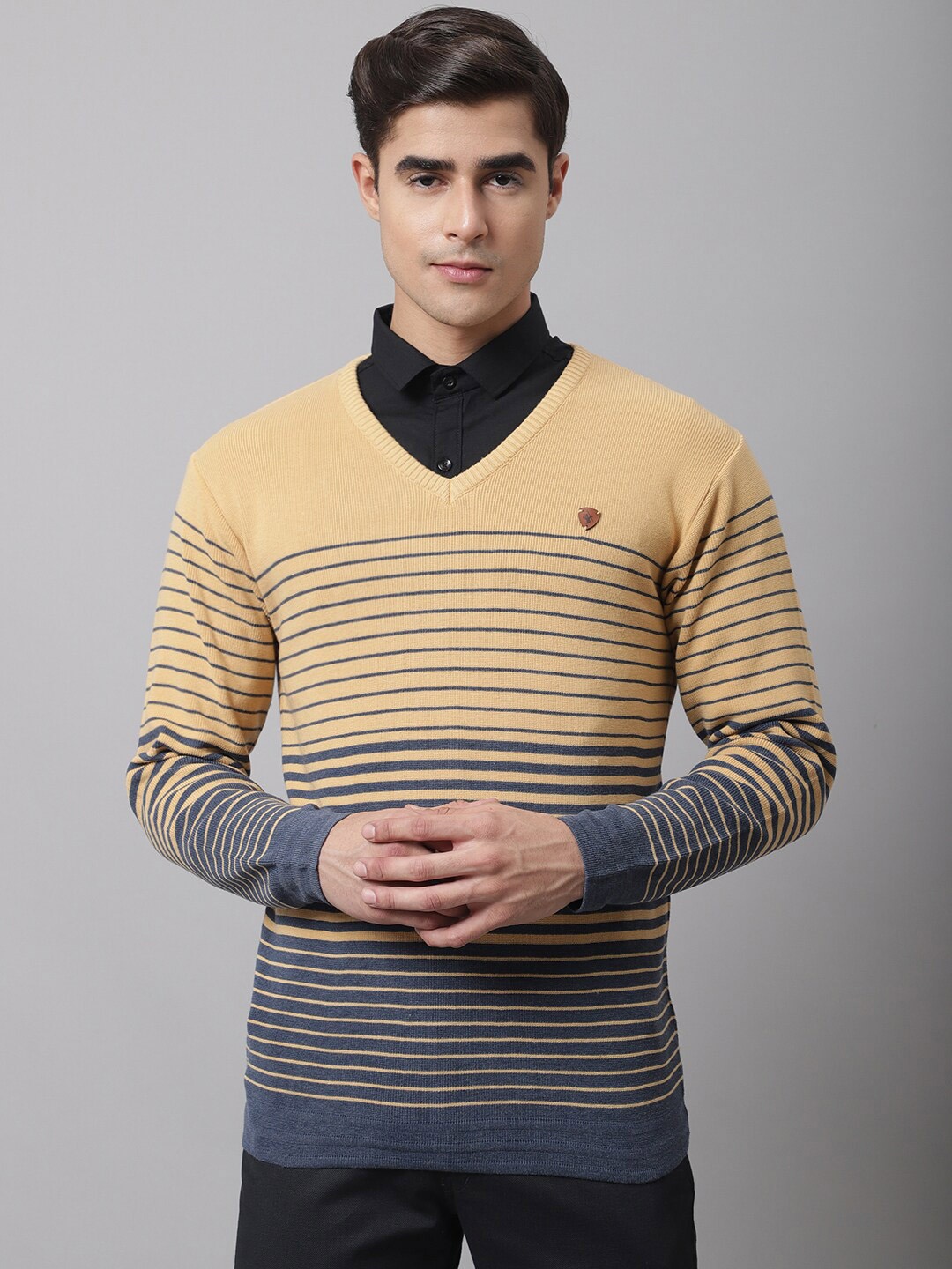 

Cantabil Men Camel Brown & Blue Striped Striped Pullover