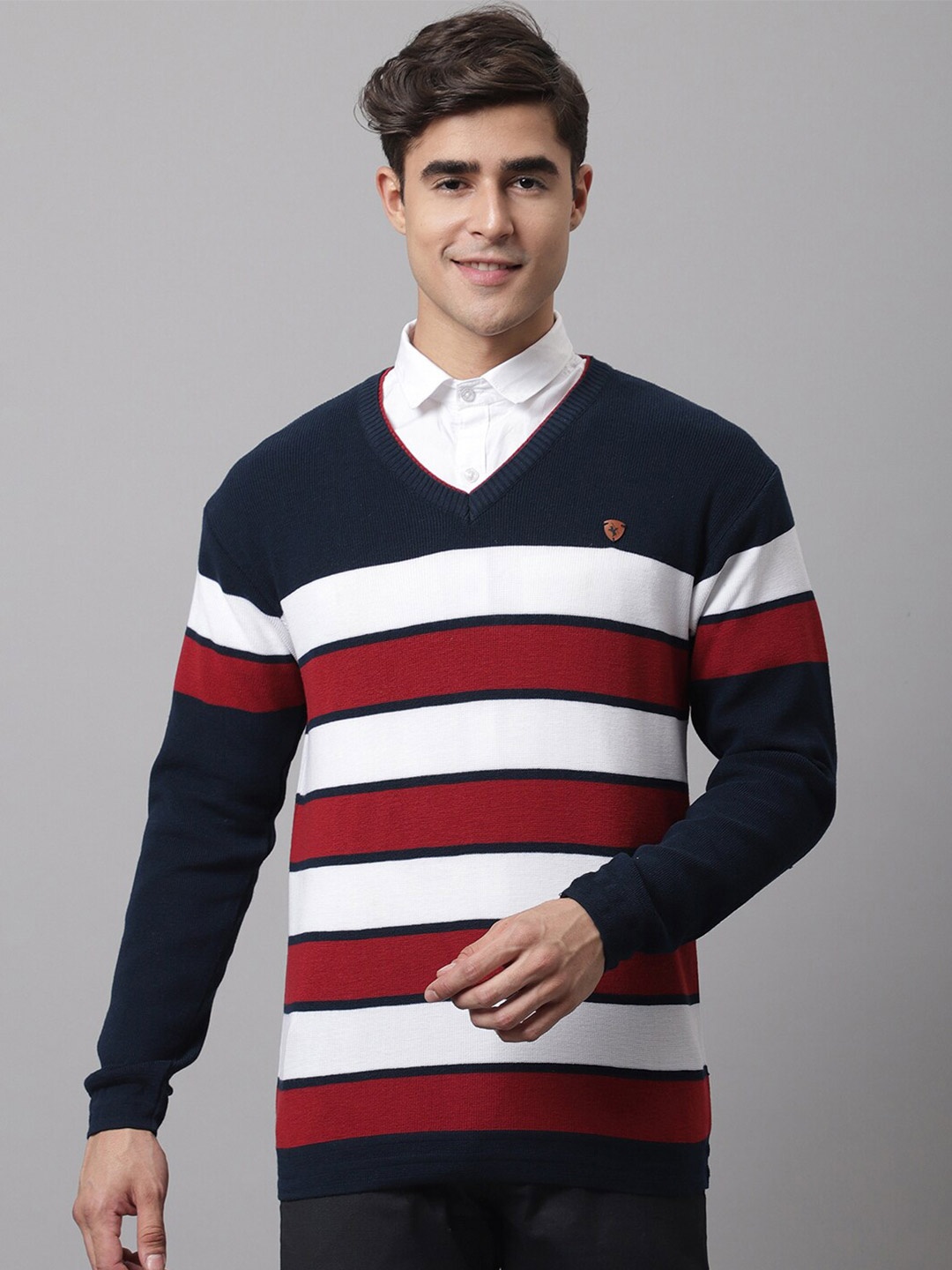 

Cantabil Men Navy Blue & White Striped Striped Pullover