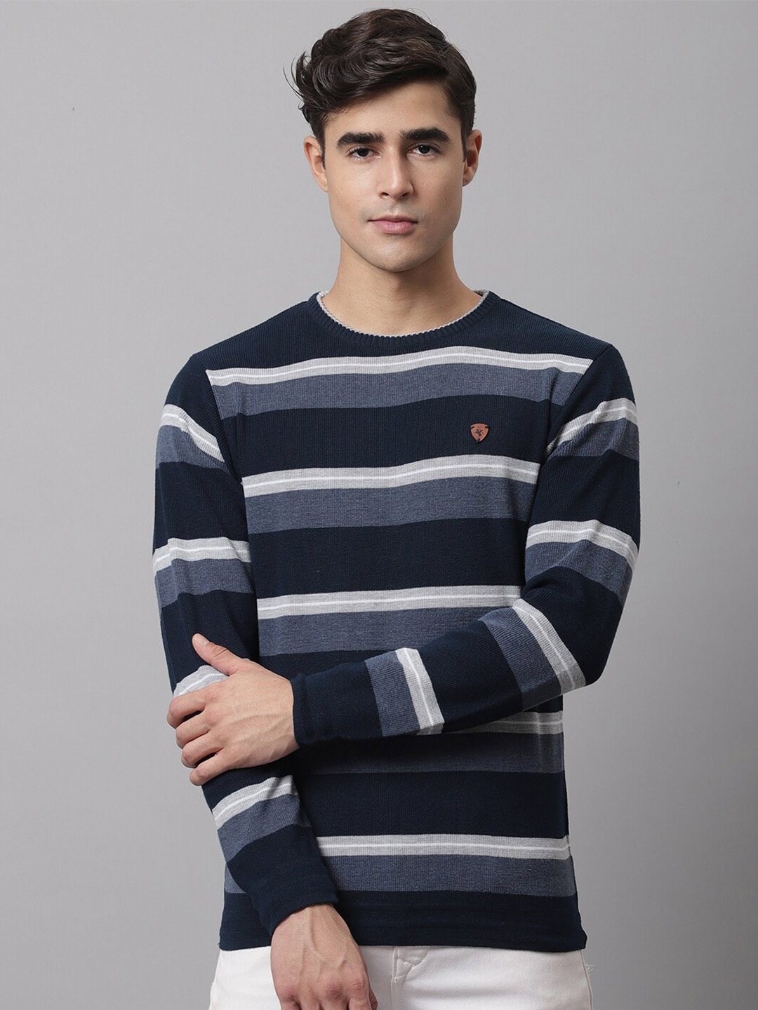 

Cantabil Men Navy Blue & Grey Striped Pullover
