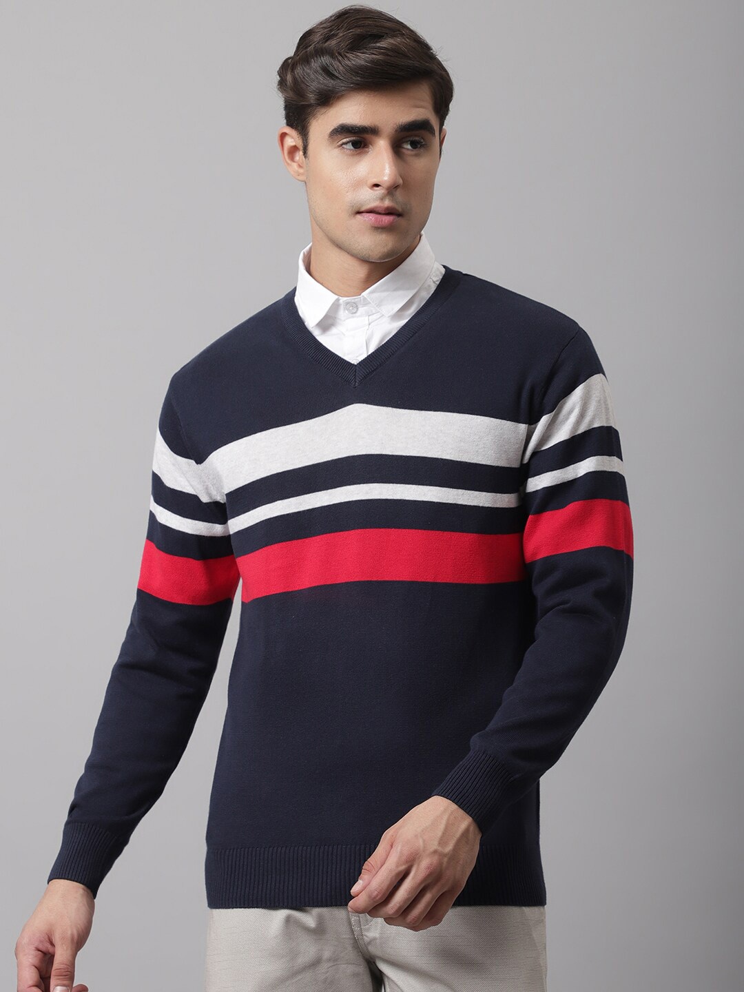 

Cantabil Men Navy Blue & Red Striped Striped Pullover