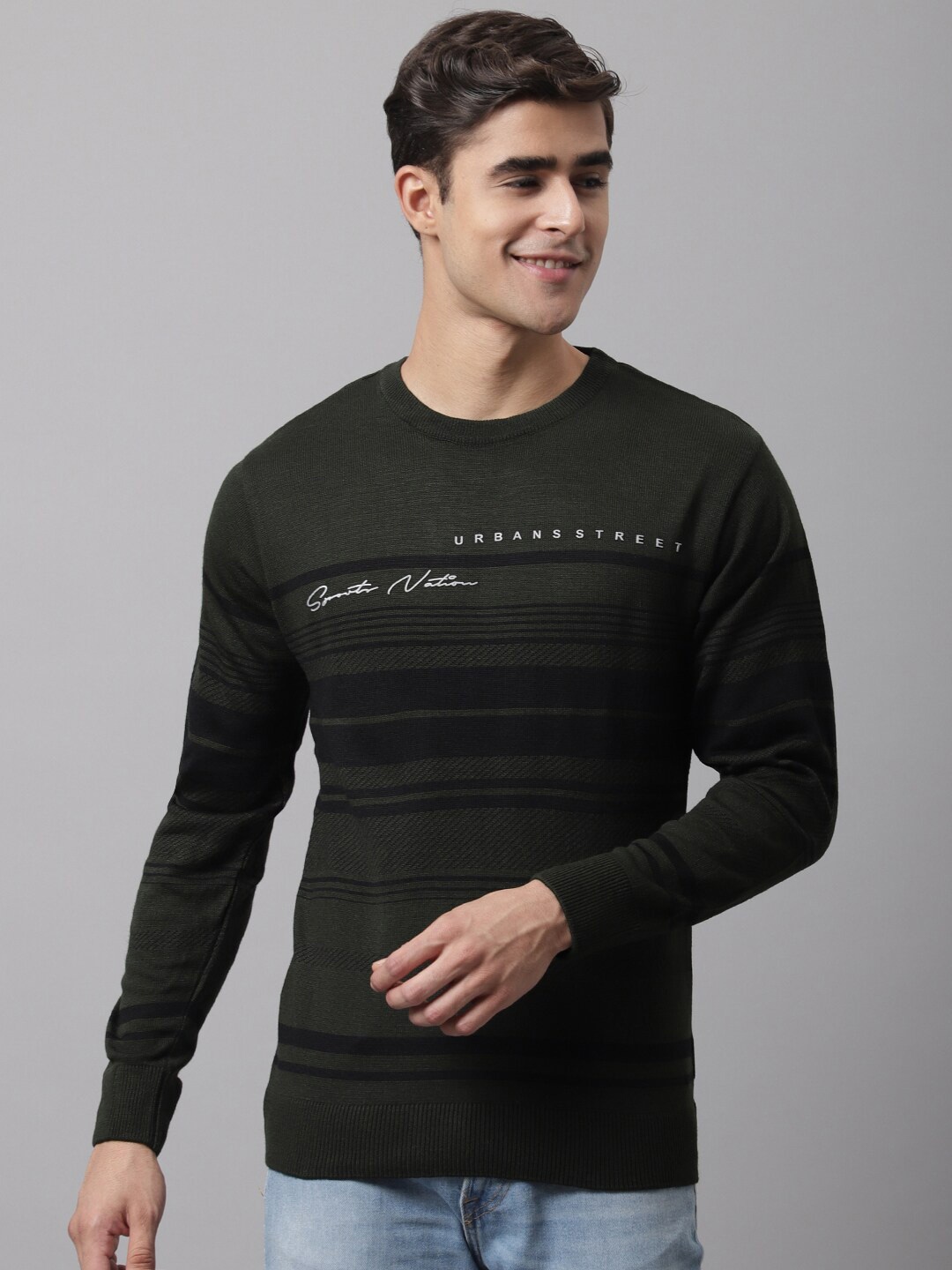 

Cantabil Men Olive Green & Black Striped Round Neck Pullover