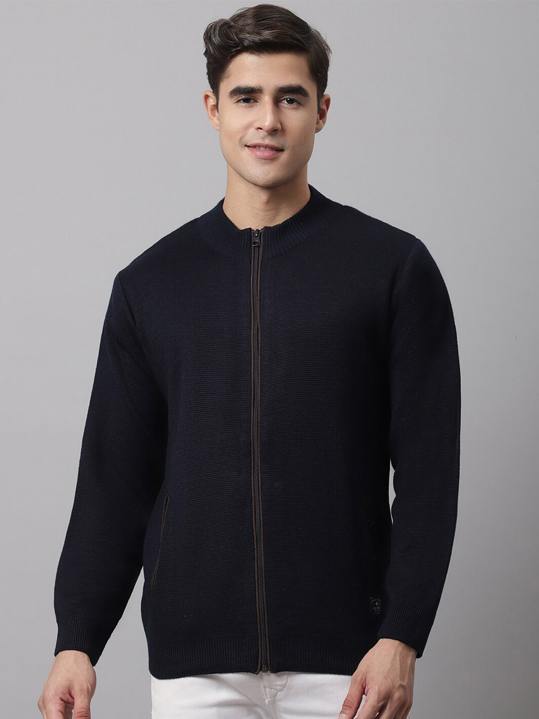 

Cantabil Men Navy Blue Solid Mock Collar Cardigan