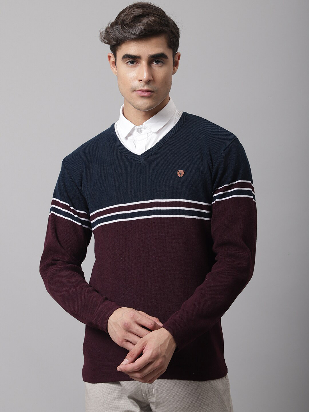 

Cantabil Men Maroon & Navy Blue Striped V-Neck Pullover