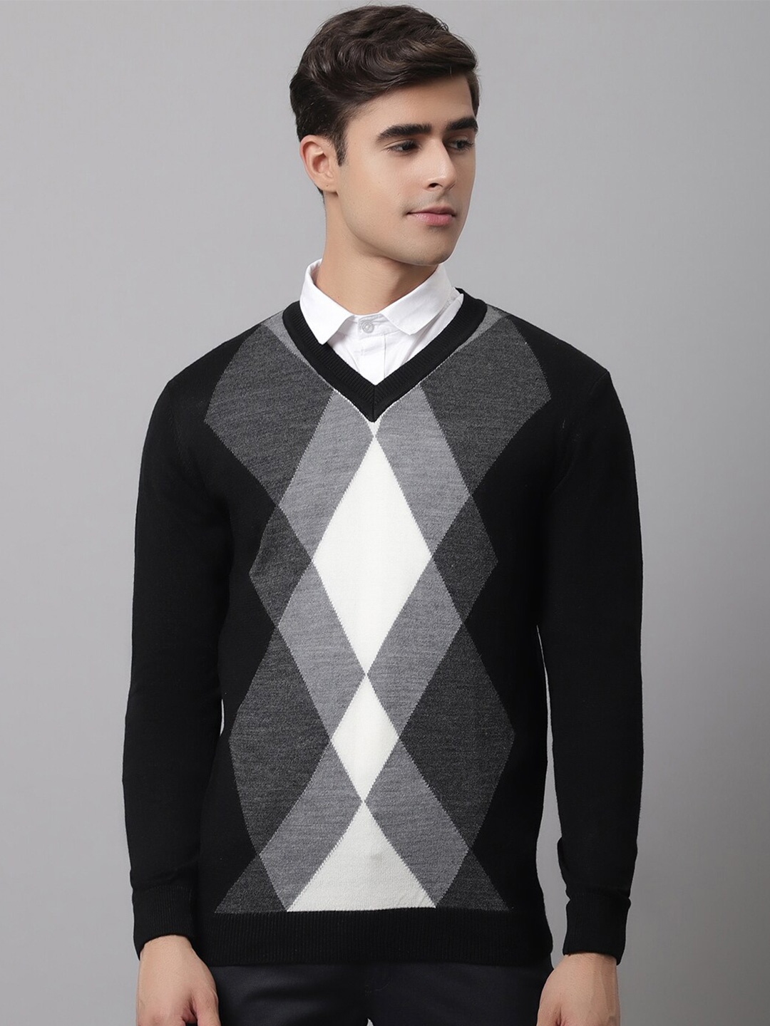 

Cantabil Men Black & White V-Neck Self Design Pullover