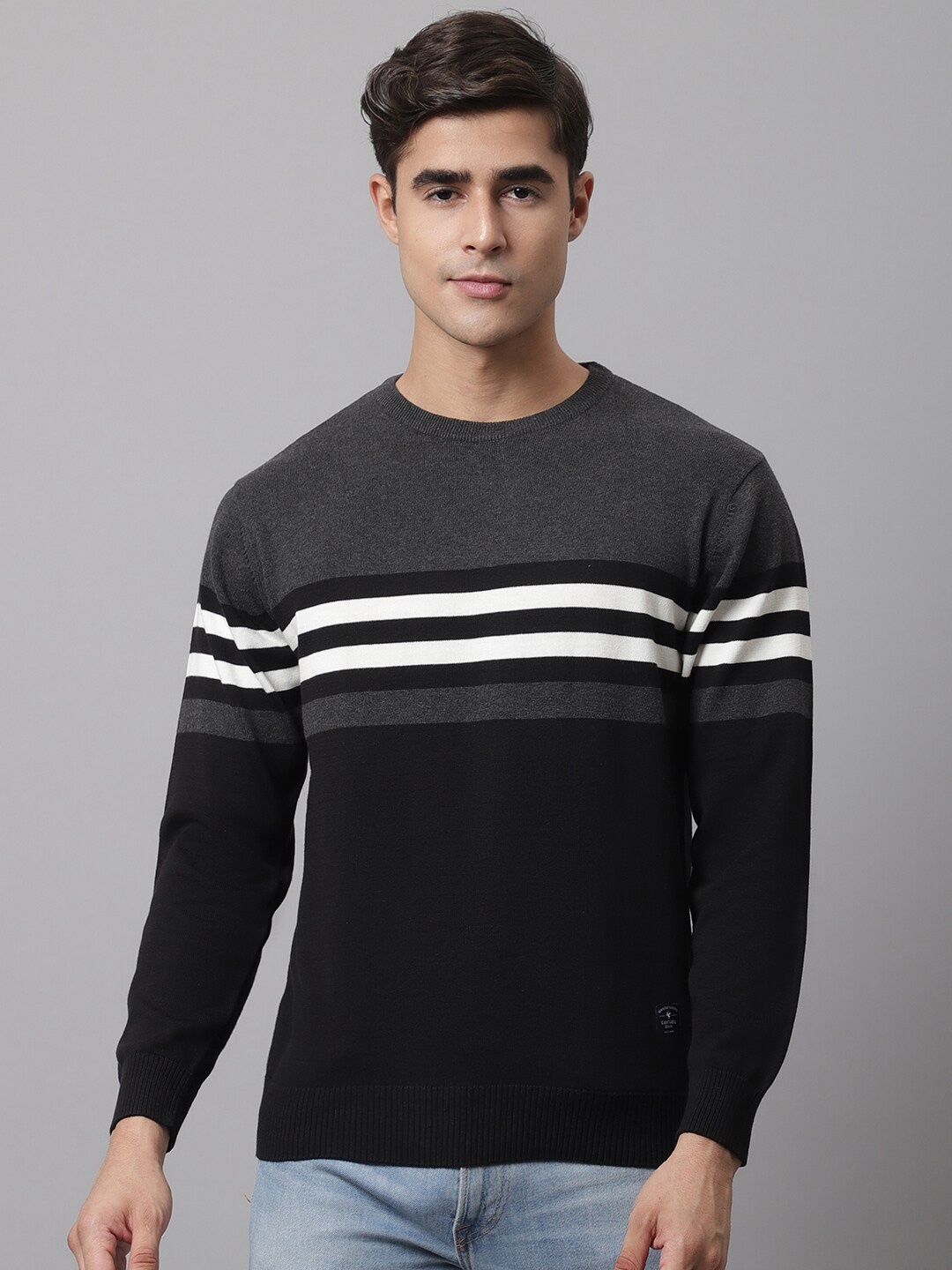 

Cantabil Men Black & Grey Striped Round Neck Pullover