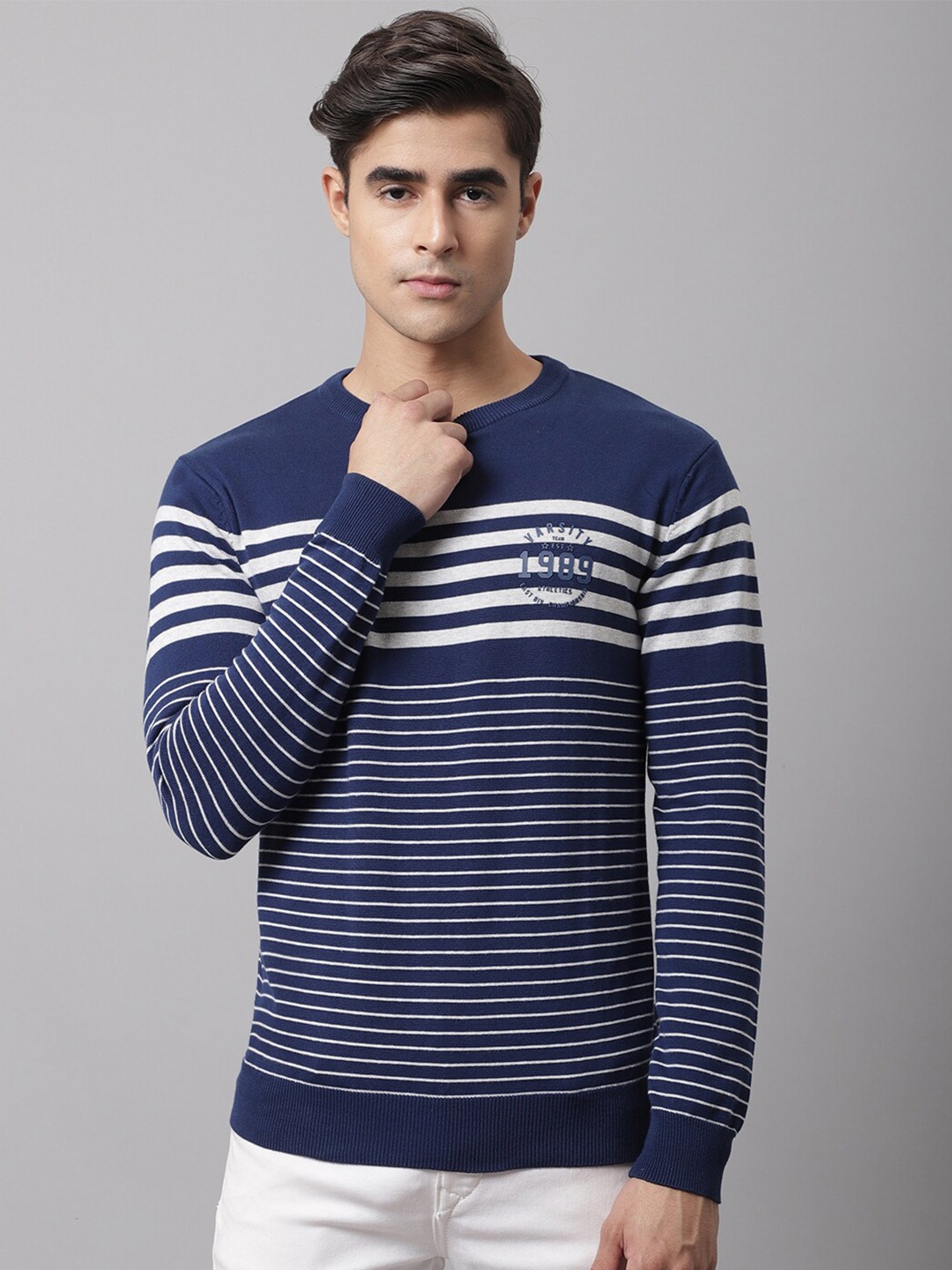 

Cantabil Men Blue & White Striped Round Neck Pullover