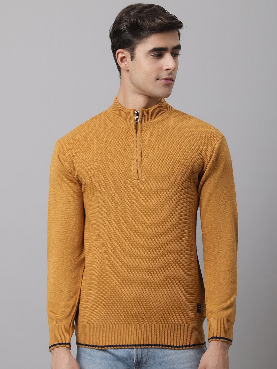 

Cantabil Men Mustard Yellow Solid Mock Collar Ribbed Pullover