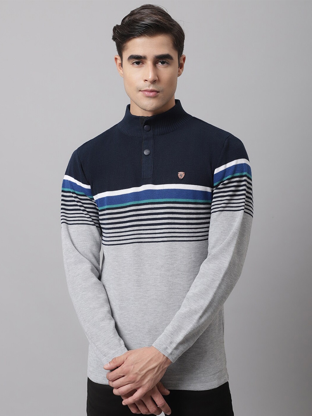 

Cantabil Men Grey & Navy Blue Striped Mock Collar Pullover