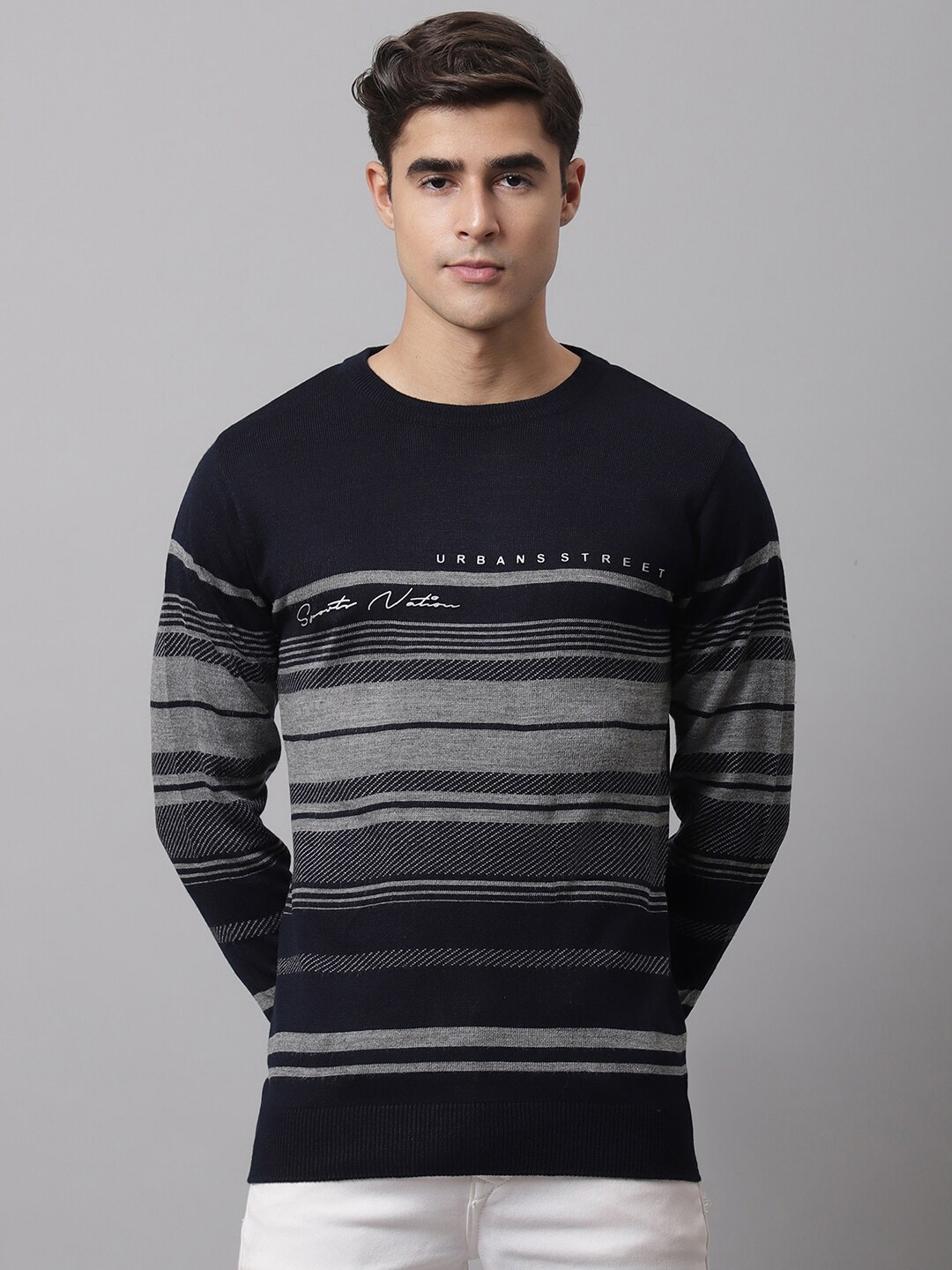 

Cantabil Men Navy Blue & Grey Striped Round Neck Pullover