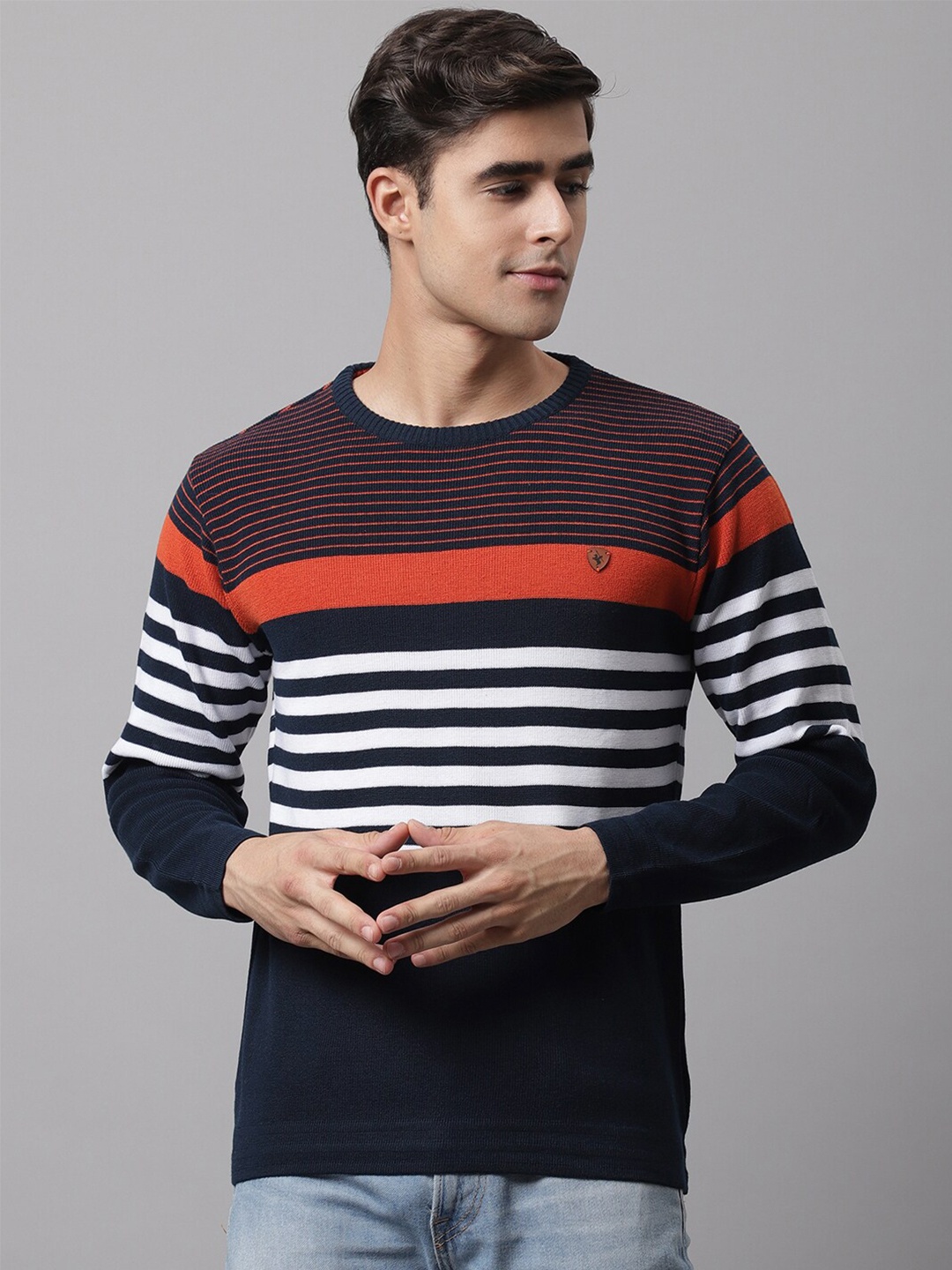 

Cantabil Men Navy Blue & Red Striped Round Neck Woolen Pullover