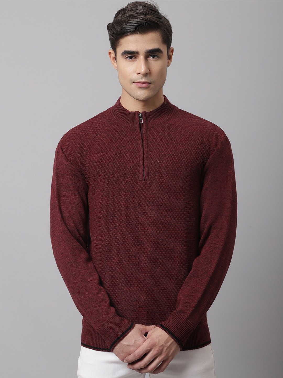 

Cantabil Men Rust Ribbed Mock Collar Pullover