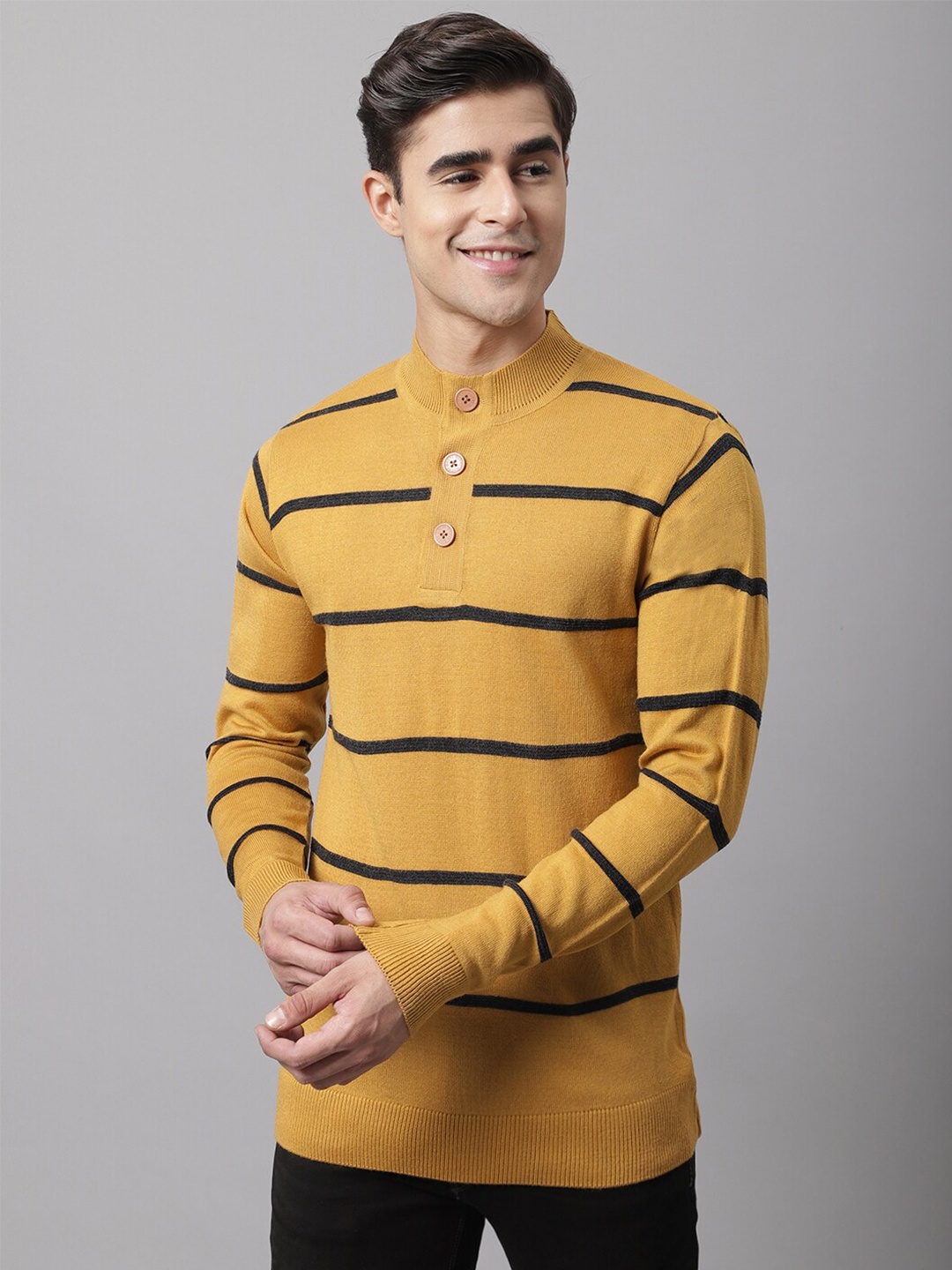 

Cantabil Men Mustard Yellow & Black Striped Mock Collar Pullover