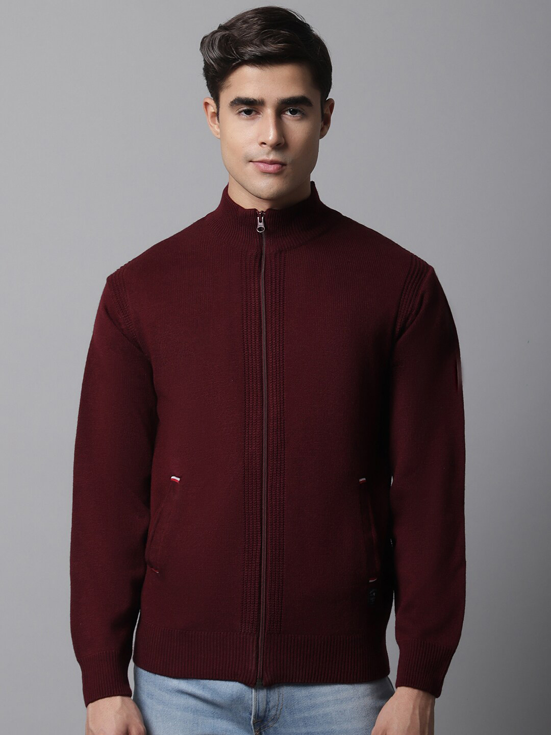 

Cantabil Men Maroon Solid Mock Collar Cardigan