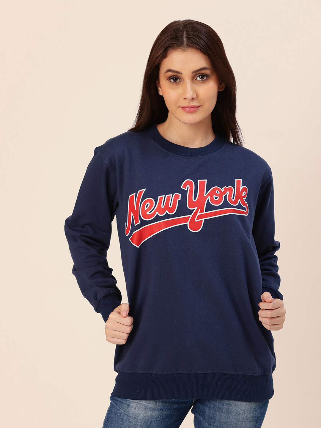 

Lounge Dreams Women Navy Blue Printed Cotton Sweatshirt