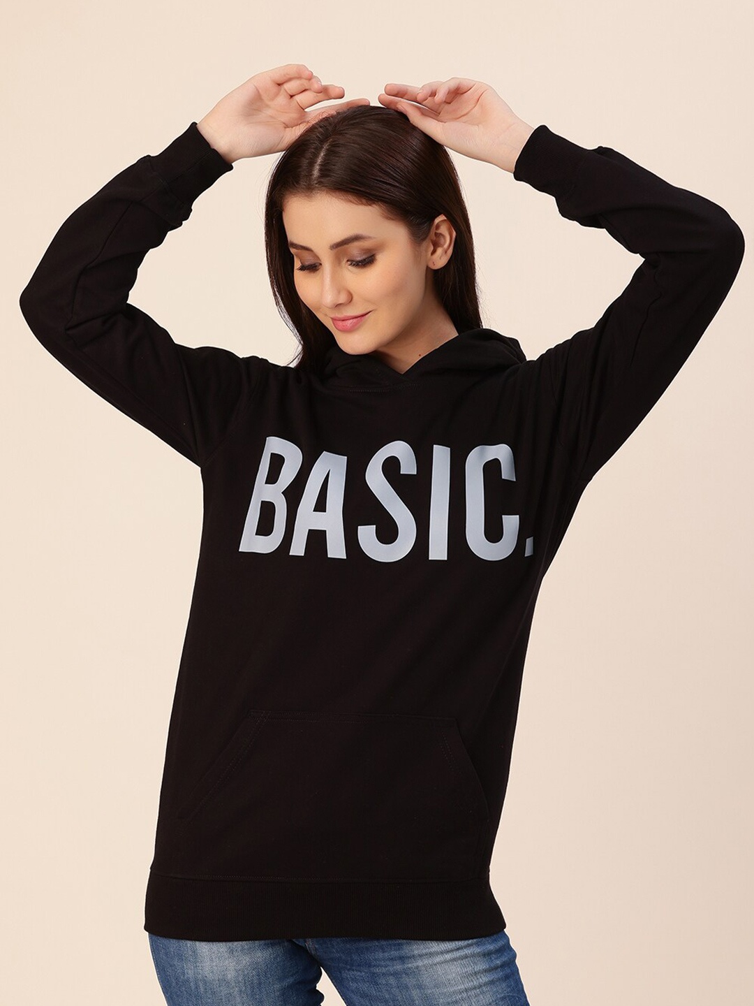 

Lounge Dreams Women Black Printed Hooded Cotton Sweatshirt