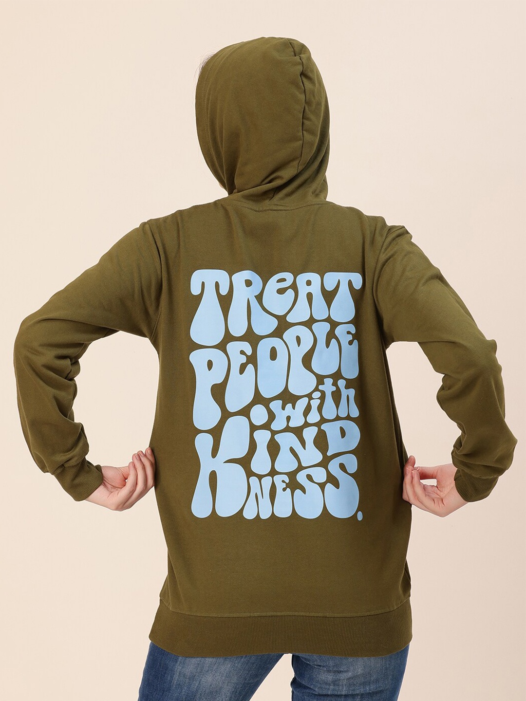 

Lounge Dreams Women Olive Green Printed Hooded Cotton Sweatshirt