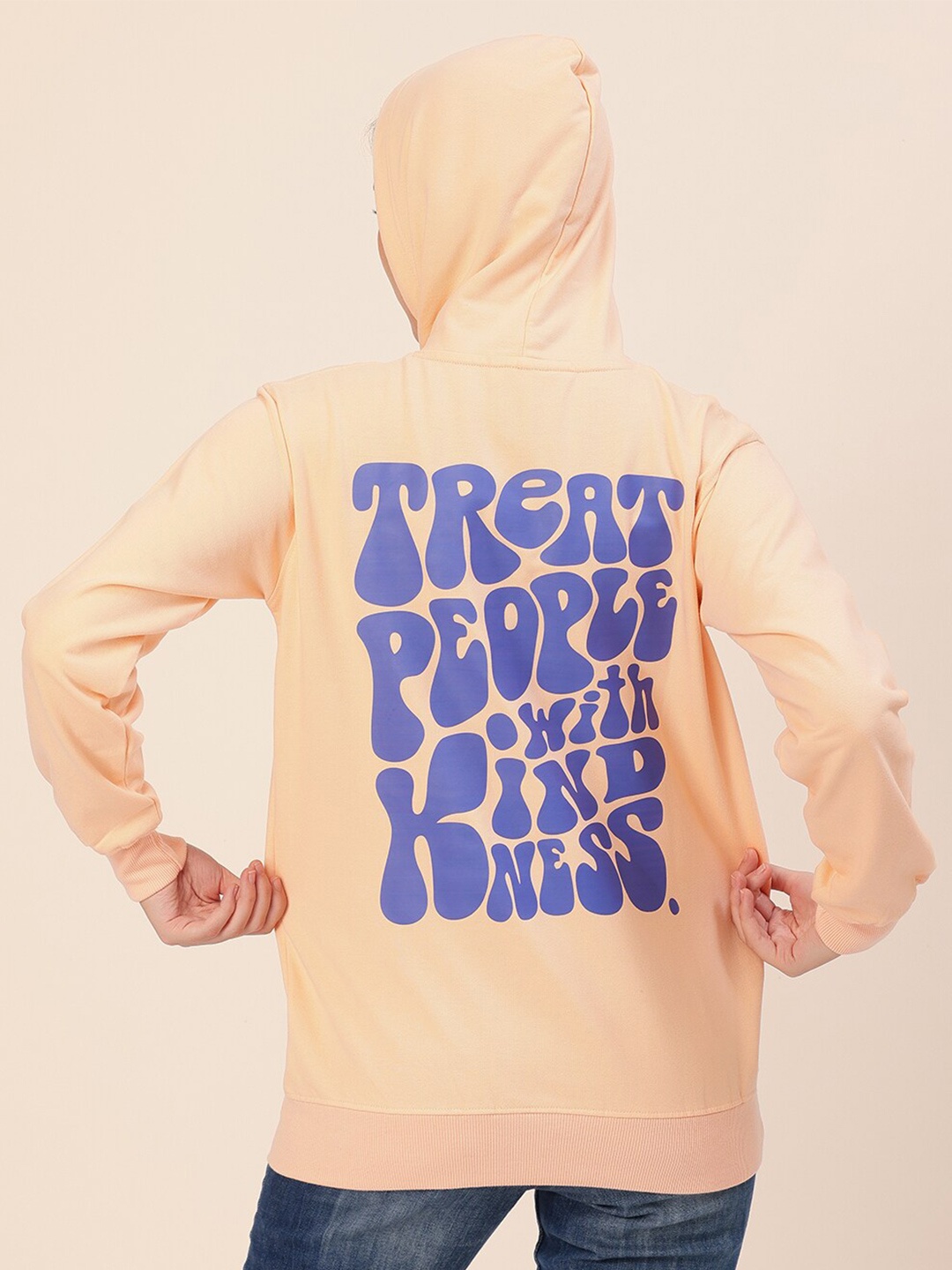 

Lounge Dreams Women Peach Printed Hooded Cotton Sweatshirt