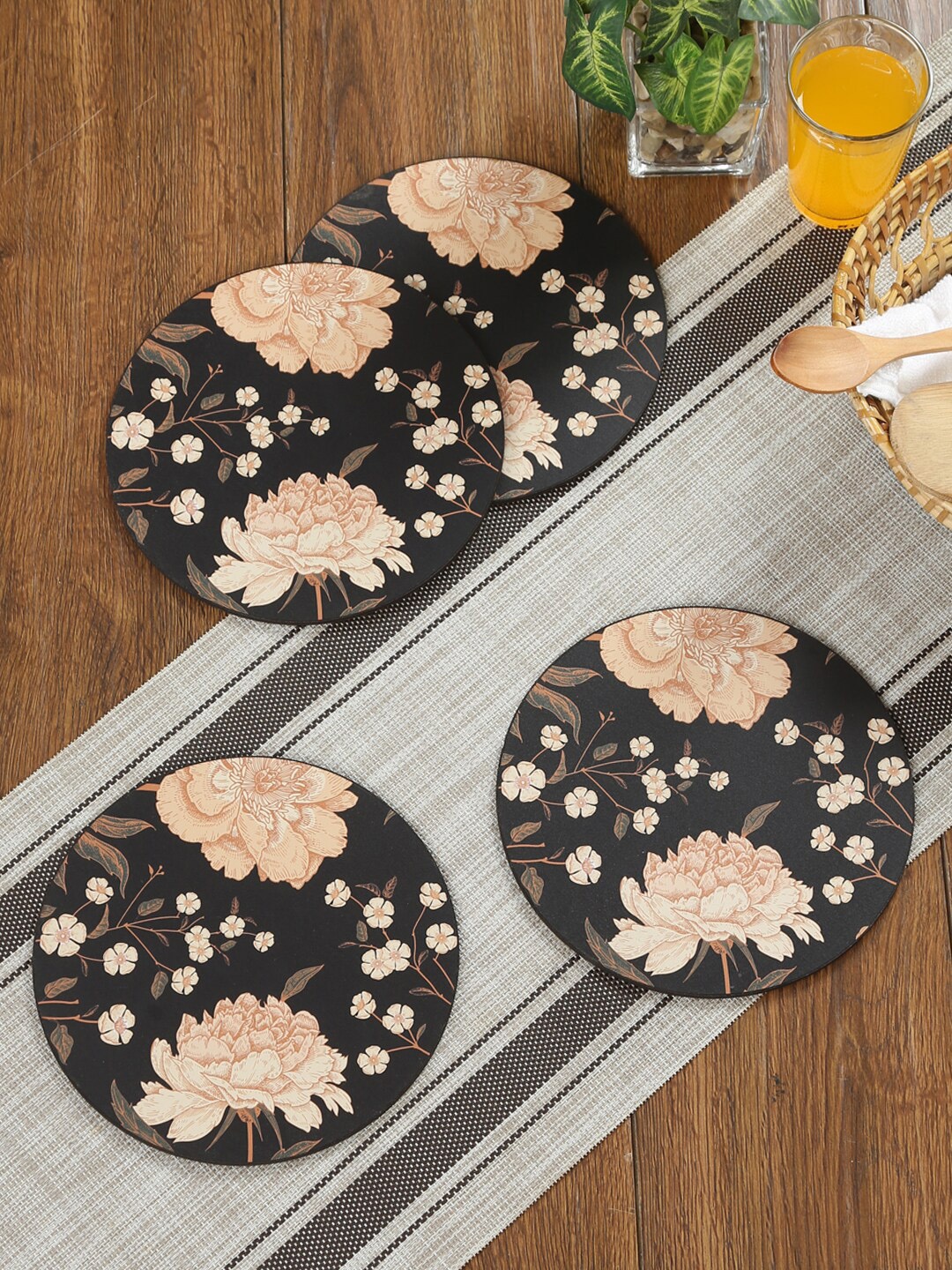 

Reinvention Factory Set Of 4 Black & Beige Flower Printed Wooden Coasters