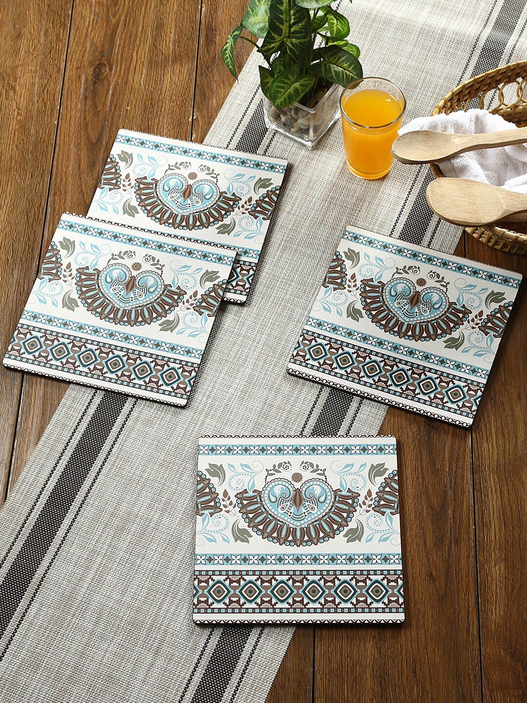 

Reinvention Factory Set Of 4 Teal & Brown Ethnic Ornament Printed Wooden Coasters