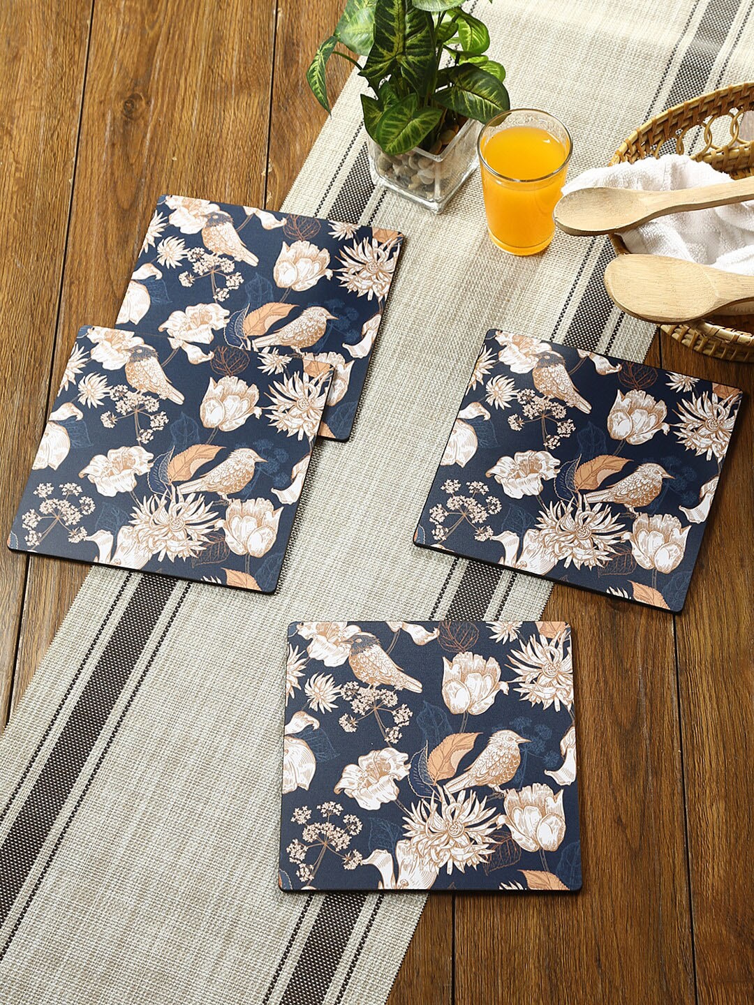 

Reinvention Factory Set Of 4 Navy Blue & Brown Tutsi Bird Printed Wooden Coasters