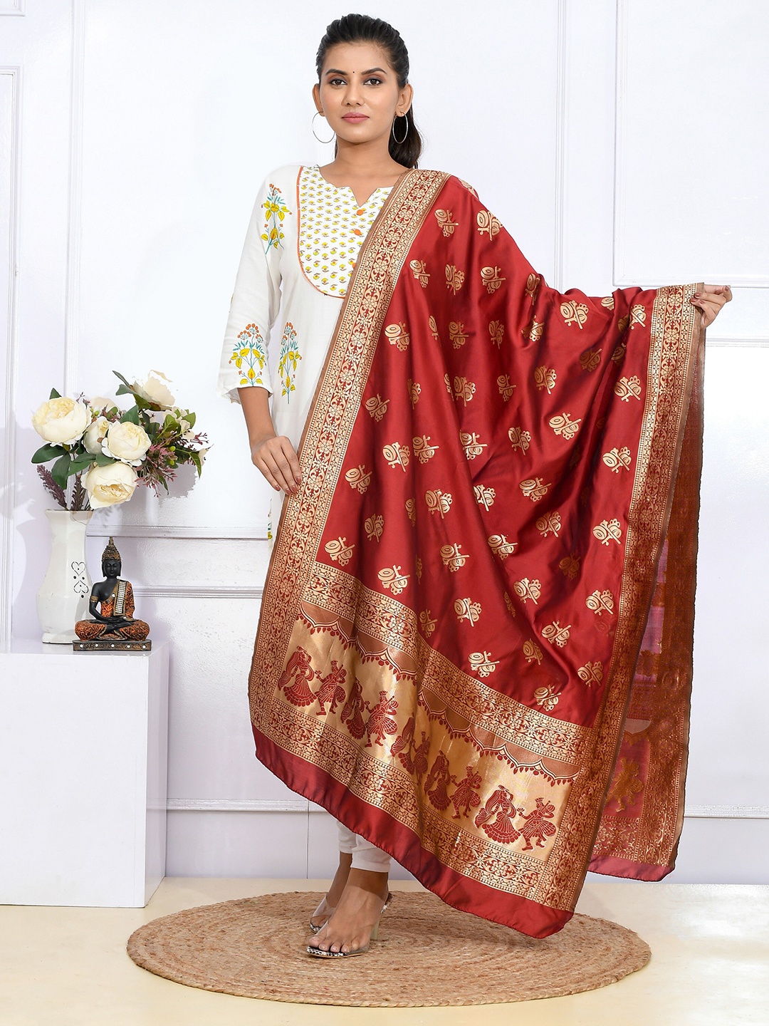 

Kesarya Women Maroon & Gold-Toned Ethnic Motifs Woven Design Pure Silk Dupatta with Zari