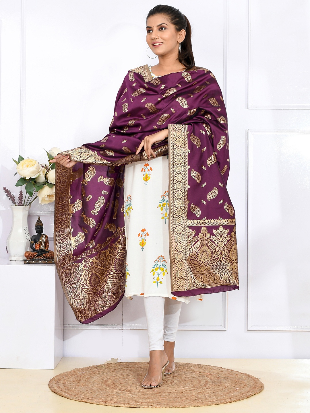 

Kesarya Women Purple & Gold-Toned Ethnic Motifs Woven Design Pure Silk Dupatta with Zari