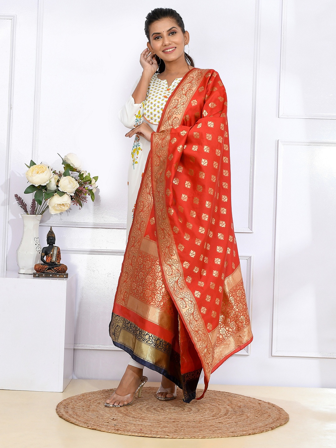 

Kesarya Women Red & Gold-Toned Ethnic Motifs Woven Design Pure Silk Dupatta with Zari