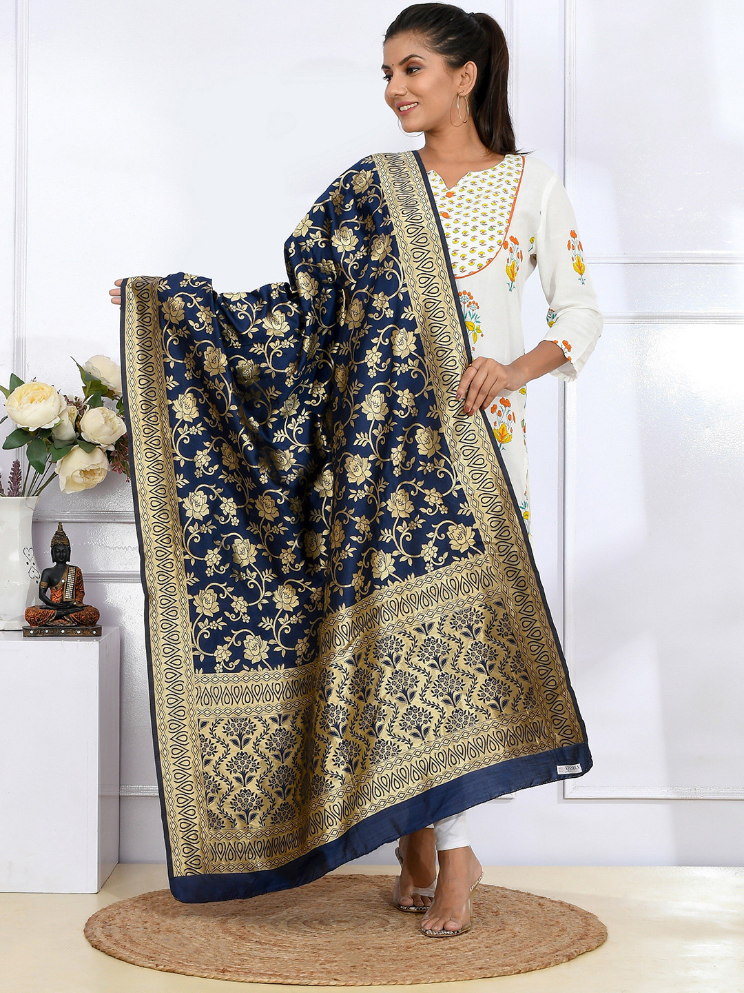 

Kesarya Women Navy Blue & GoldToned Ethnic Motifs Woven Design Pure Silk Dupatta with Zari