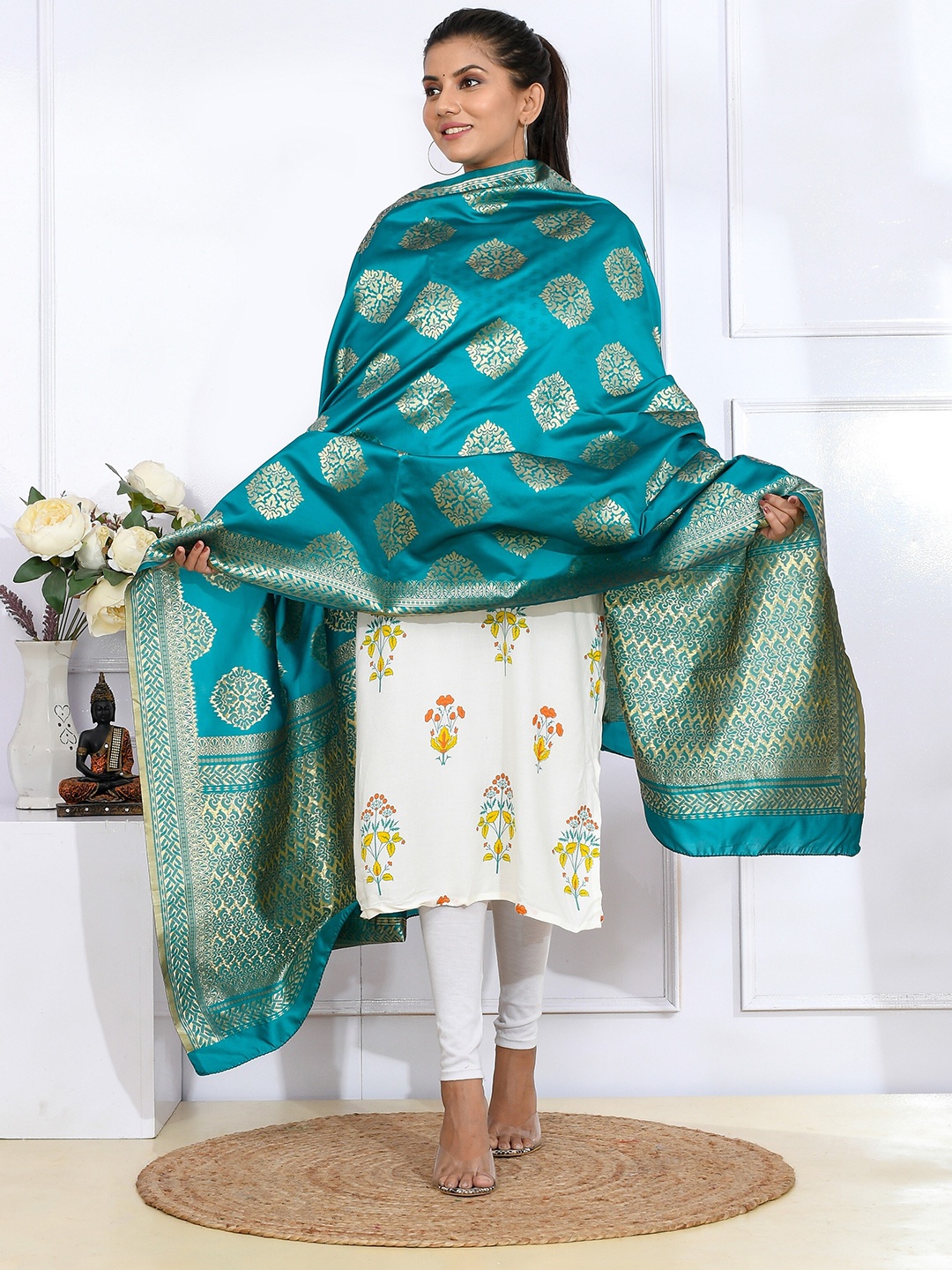 

Kesarya Women Blue & Gold-Toned Ethnic Motifs Woven Design Pure Silk Dupatta with Zari