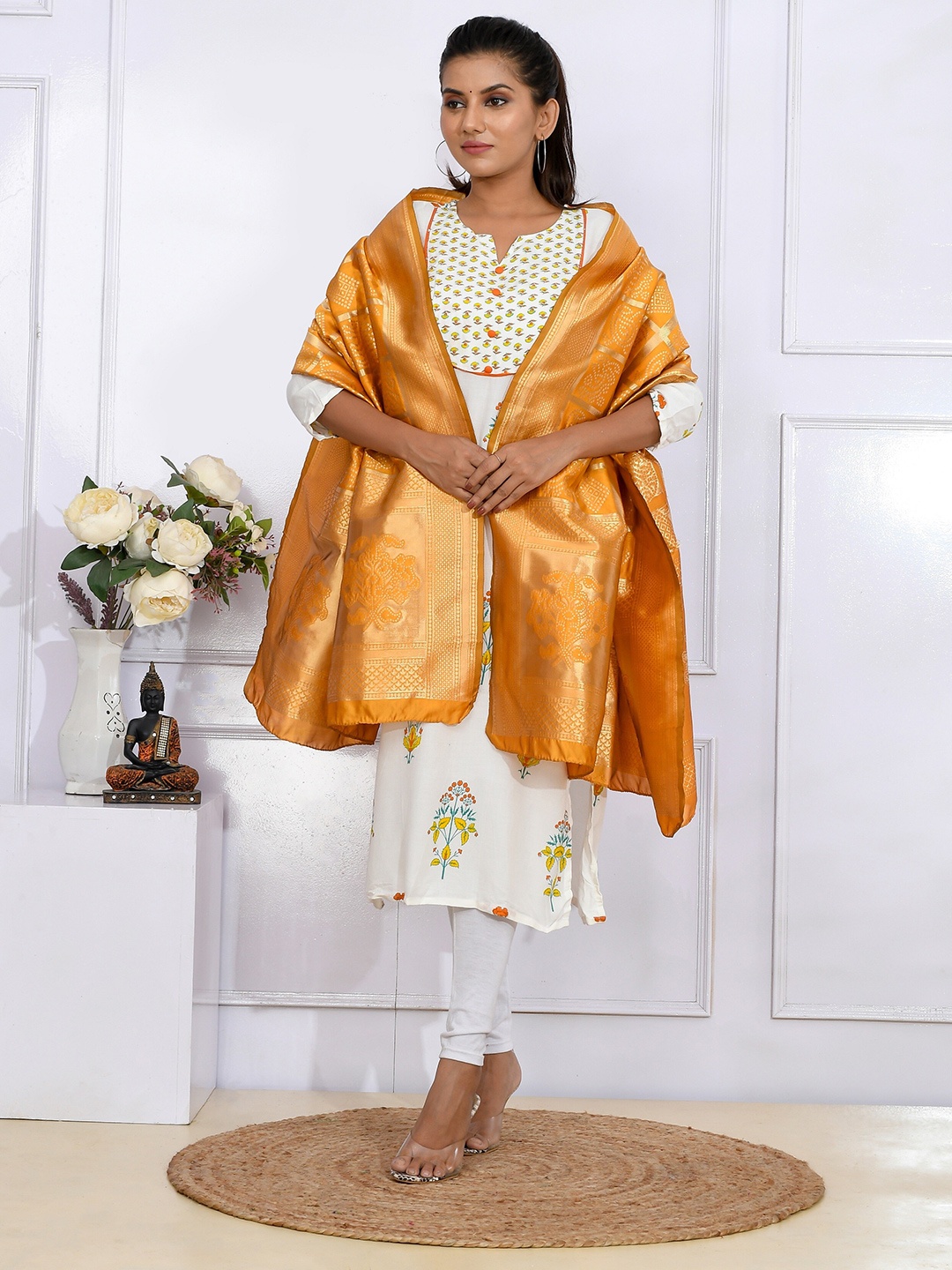 

Kesarya Women Orange & Gold-Toned Ethnic Motifs Woven Design Pure Silk Dupatta with Zari