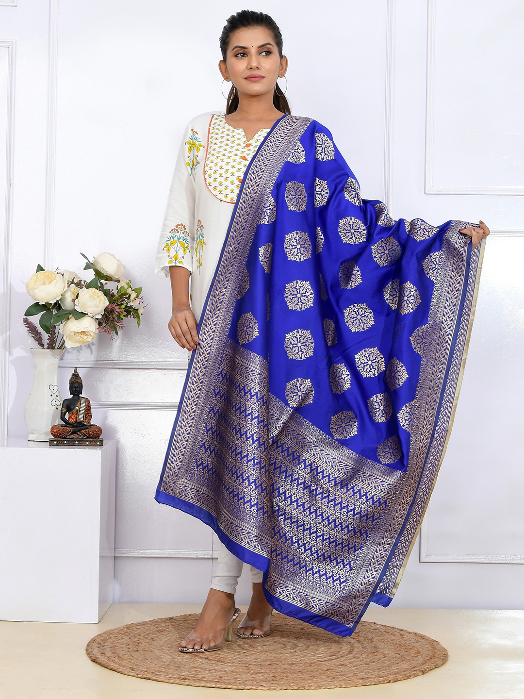 

Kesarya Women Blue & Gold-Toned Ethnic Motifs Woven Design Pure Silk Dupatta with Zari