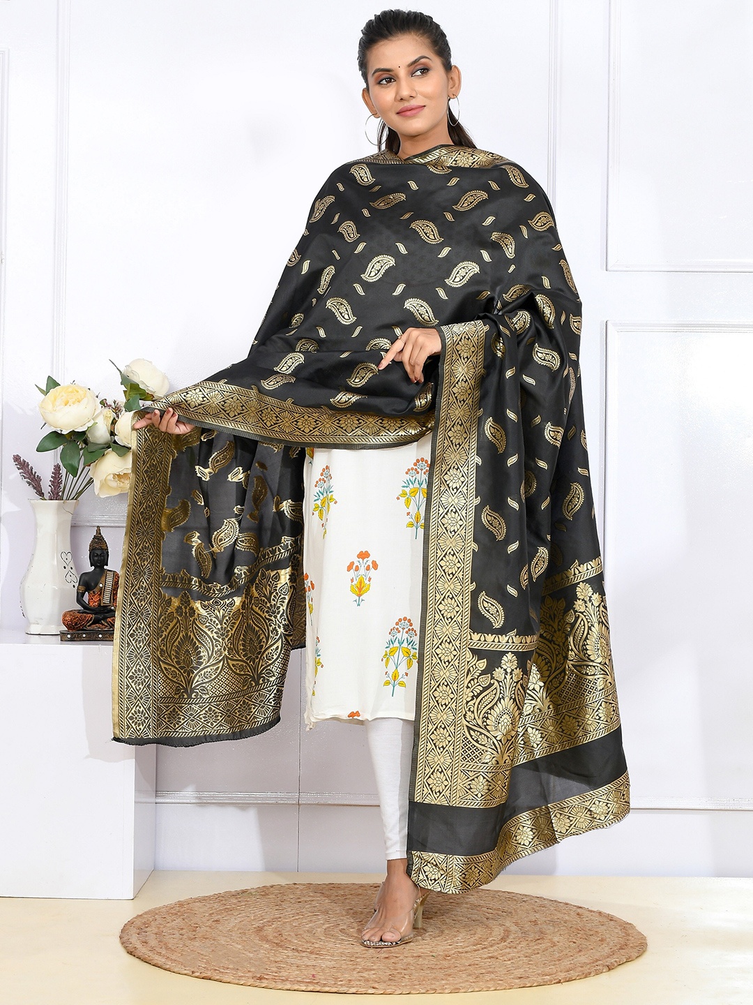 

Kesarya women Black & Gold-Toned Ethnic Motifs Woven Design Pure Silk Dupatta with Zari