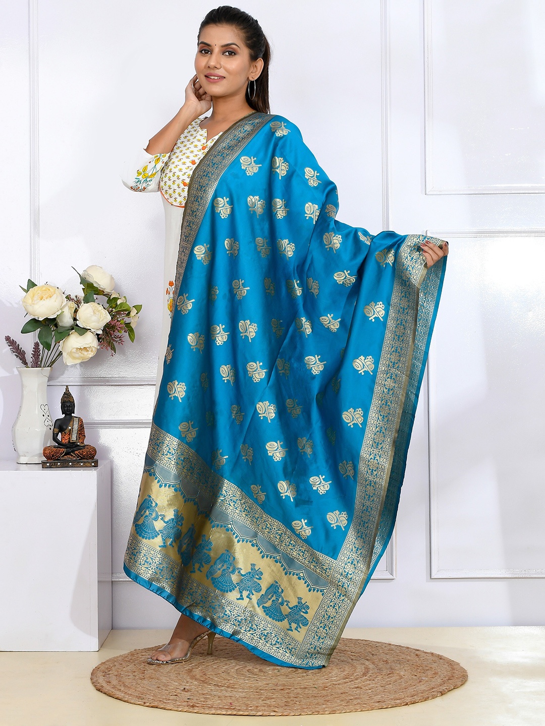 

Kesarya Turquoise Blue & Gold-Toned Ethnic Motifs Woven Design Pure Silk Dupatta with Zari