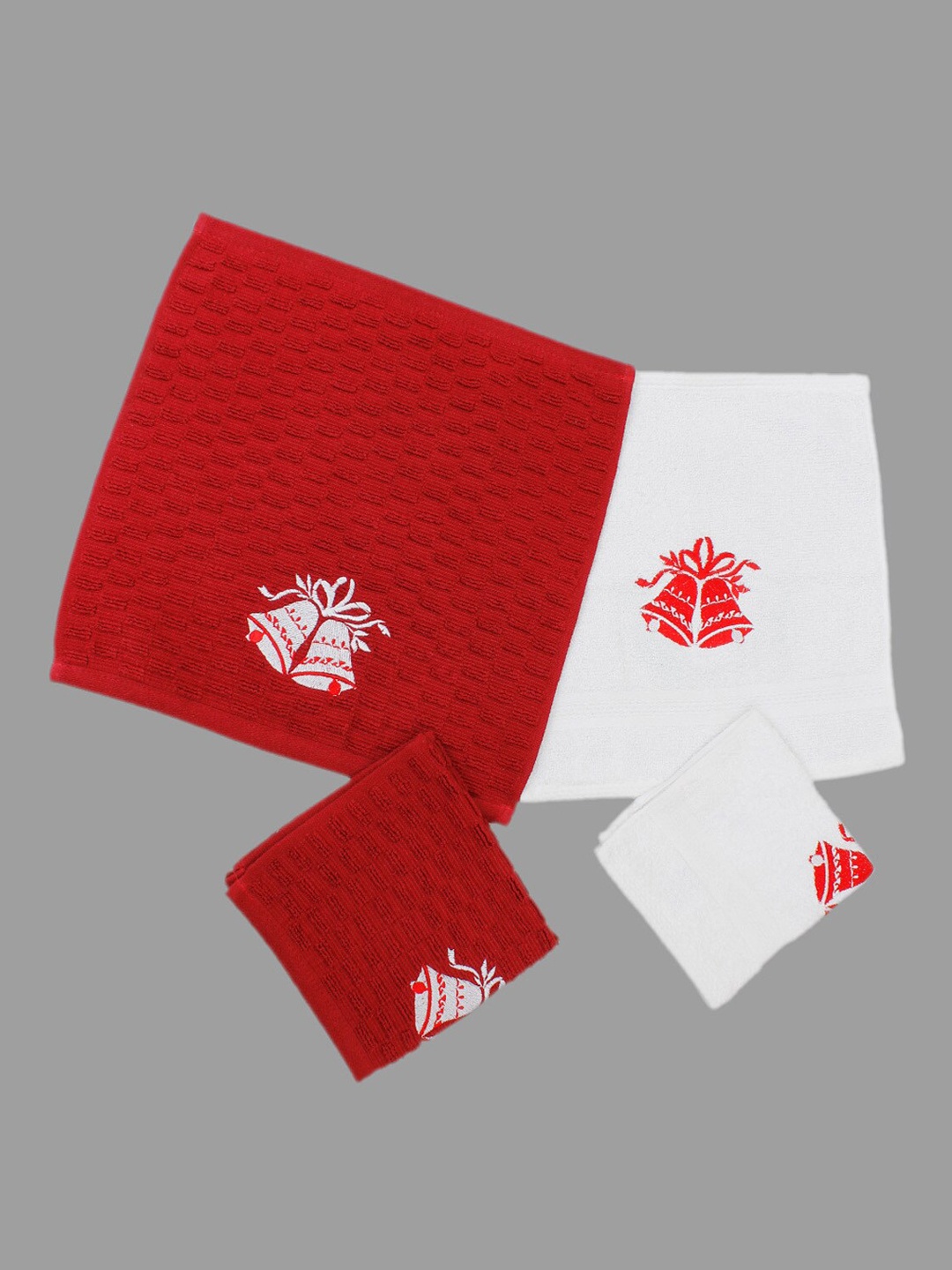 

AVI Living Red & White Set Of 4 Christmas Embroidered 500 GSM Cotton Face Towels